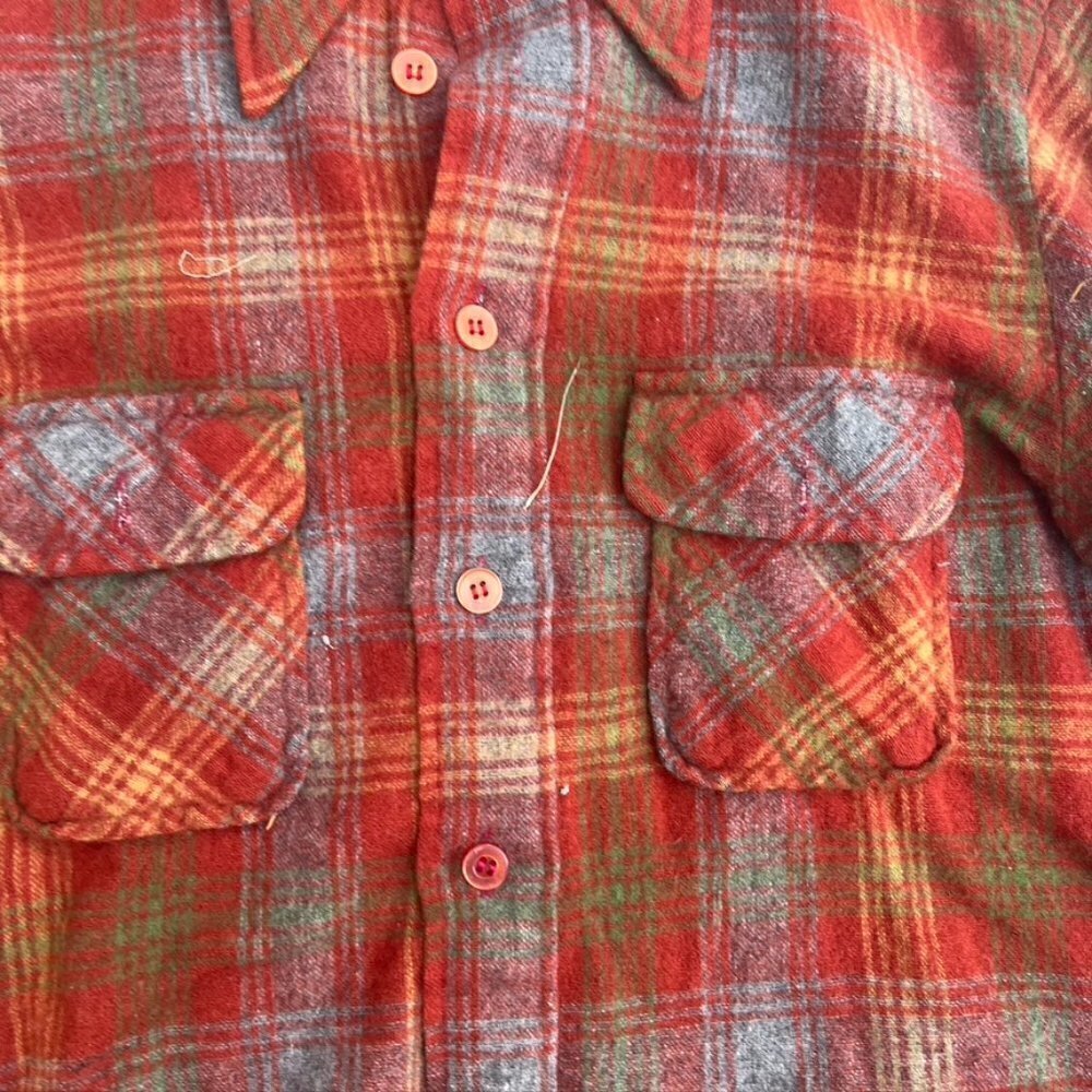 ** Vintage 1970s Richman Bros Red Green Plaid Wool Button Front Shirt S - Picture 6 of 11